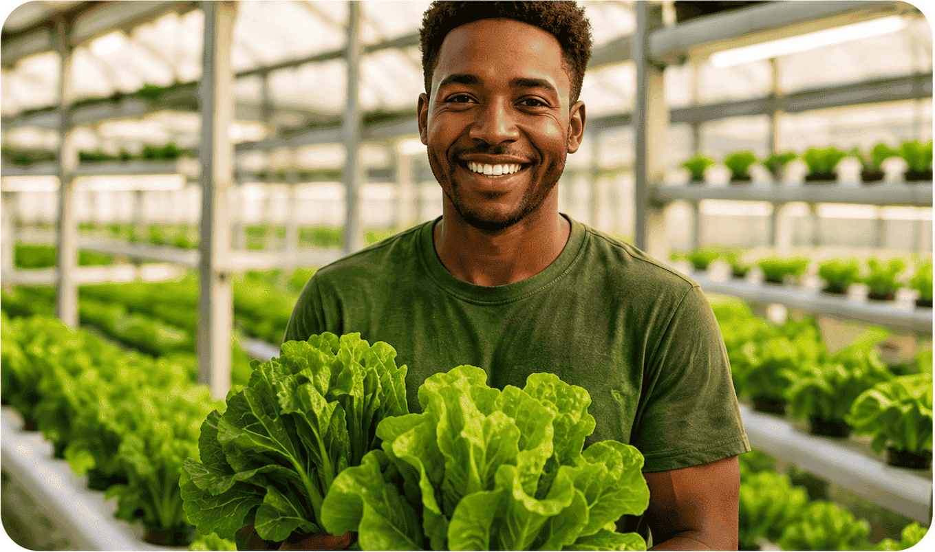 Certified farmer holding freshly grown lettuce in a greenhouse